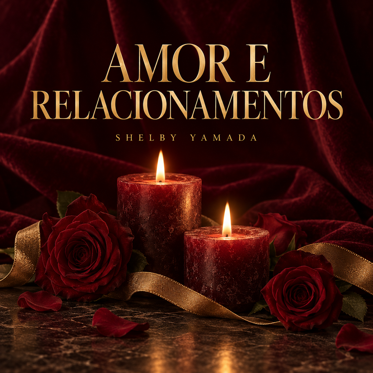 Amor e Relacionamentos Shelby Yamada, com rosas e velas em tons de vinho e dourado