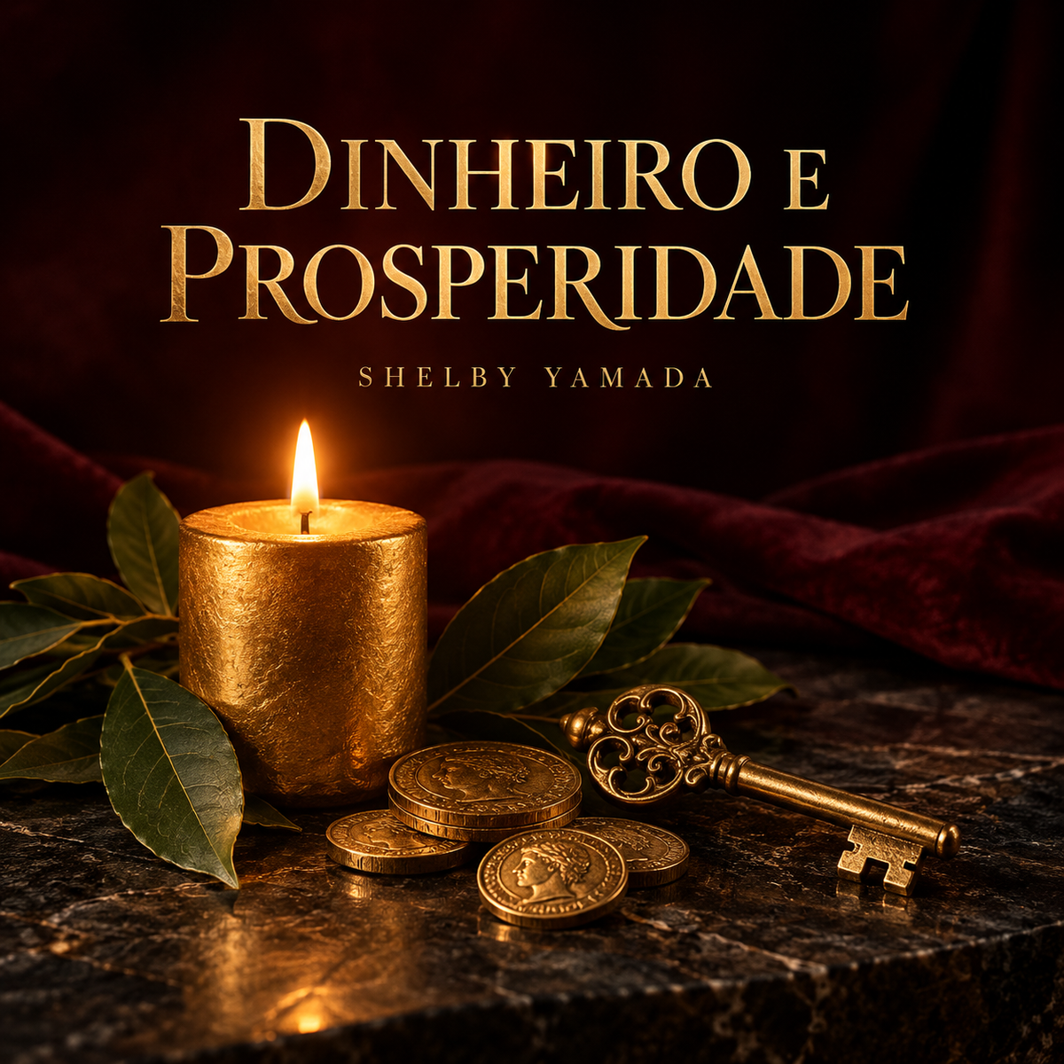 Dinheiro e Prosperidade Shelby Yamada, com vela dourada, moedas, chave e folhas de louro