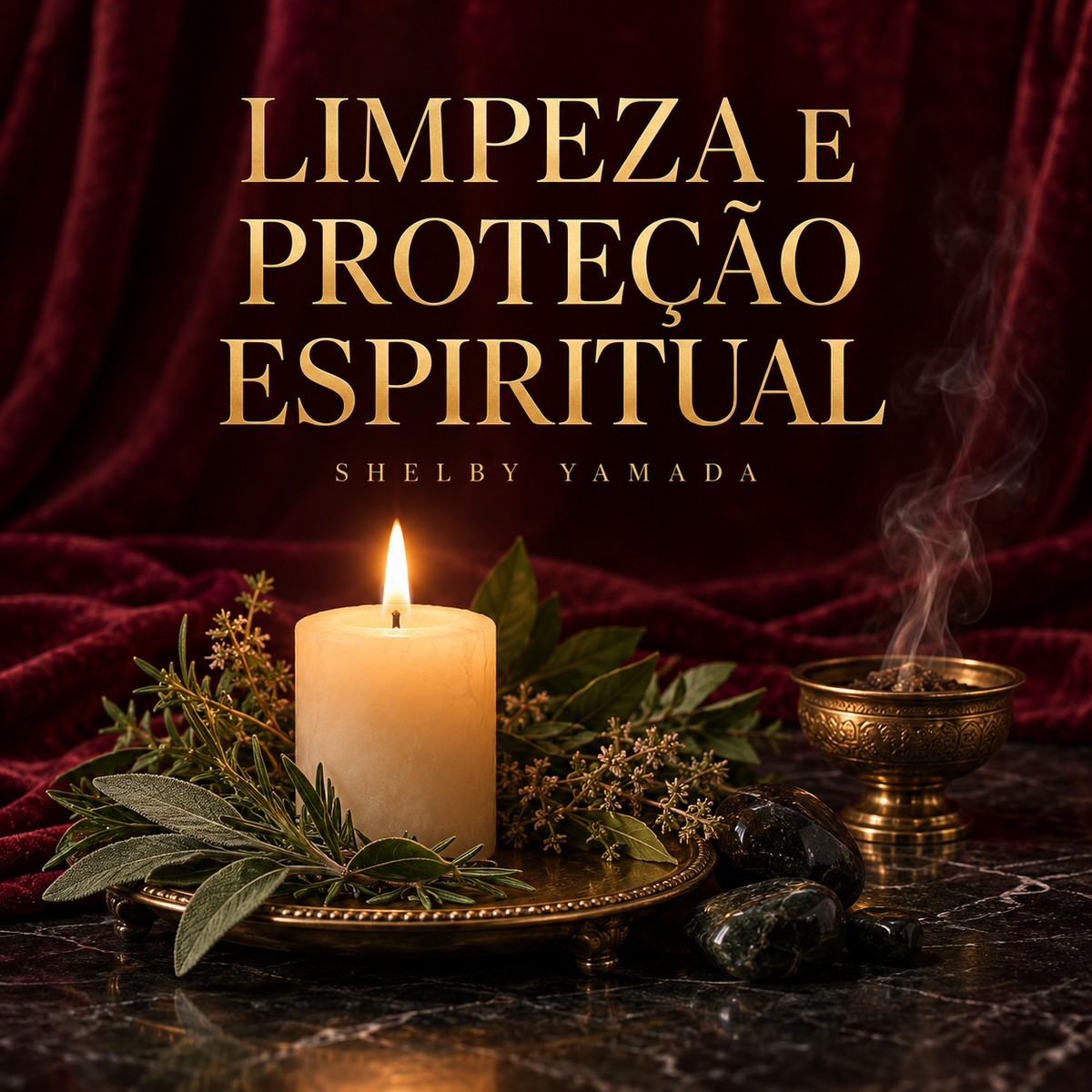 Limpeza e Proteção Espiritual Shelby Yamada, com vela clara, ervas e incenso em cenário vinho e dourado
