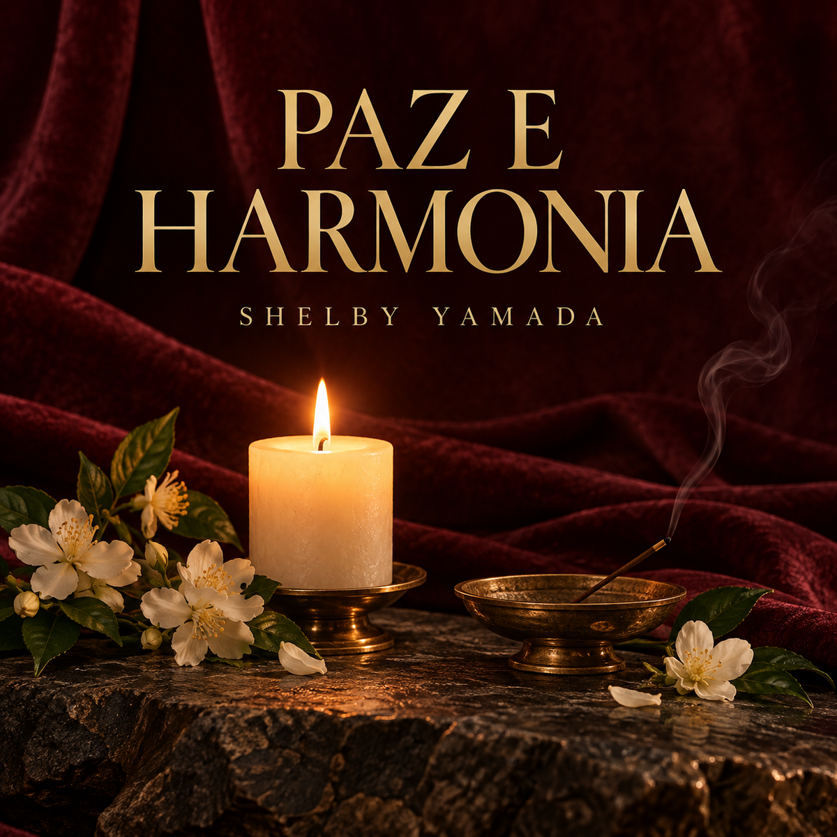Paz e Harmonia Shelby Yamada, com vela clara, flores brancas e incenso