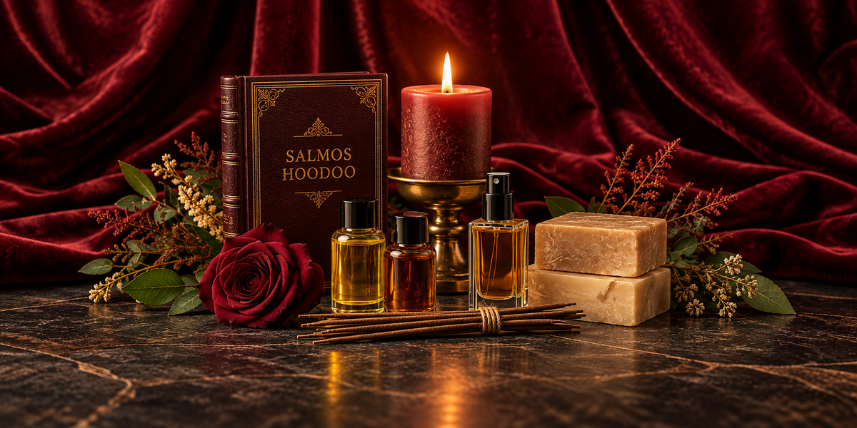 Banner Shelby Yamada com livro Salmos Hoodoo, perfume, óleos, sabonetes e incensos em composição centralizada vinho e dourado