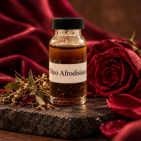 Óleo Afrodisíaco Shelby Yamada com ervas, rosa vermelha e tecido vinho, em uma composição que remete à sensualidade.