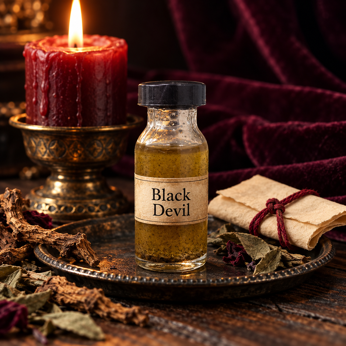 Frasco do óleo Hoodoo Black Devil com ervas, vela vermelha e pergaminho amarrado.