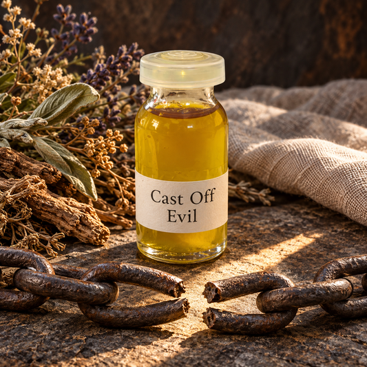 Frasco do óleo Hoodoo Cast Off Evil com rótulo, ervas e corrente rompida sobre pedra natural.