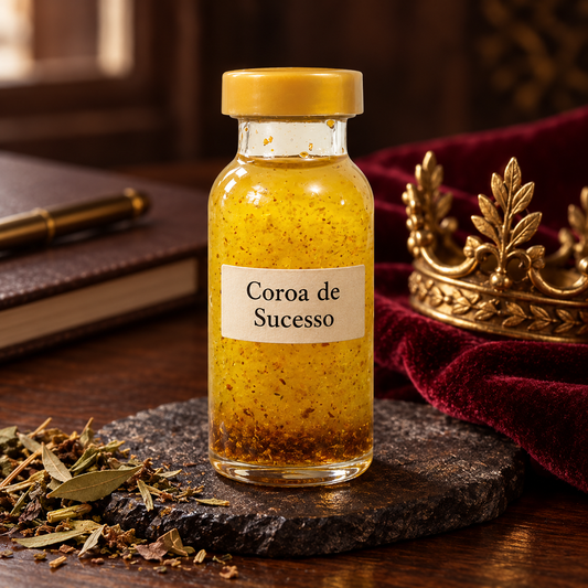 Óleo Coroa de Sucesso Shelby Yamada com rótulo claro e letras pretas, ervas, coroa dourada e caderno sobre madeira, com tecido vinho.