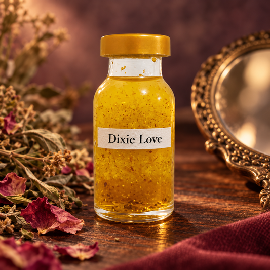 Óleo Dixie Love Shelby Yamada com rótulo discreto, ervas, pétalas de rosa e espelho de latão, em uma composição de atração amorosa.