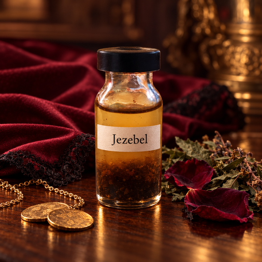 Óleo Jezebel Shelby Yamada com rótulo discreto, ervas, tecido vinho, renda preta, corrente e moedas douradas, evocando sedução e luxo.