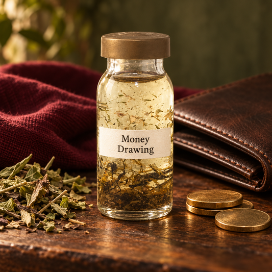 Frasco do Óleo Hoodoo Money Drawing com rótulo, acompanhado de carteira, moedas e ervas sobre uma superfície de madeira.