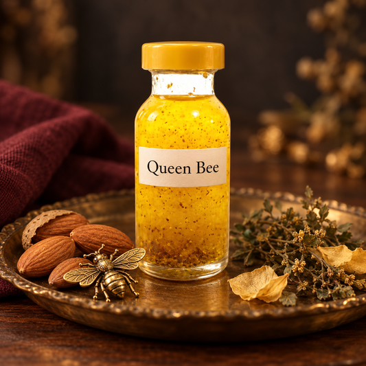 Óleo Queen Bee Shelby Yamada com rótulo discreto, amêndoas, ervas e abelha dourada decorativa sobre uma bandeja de latão.