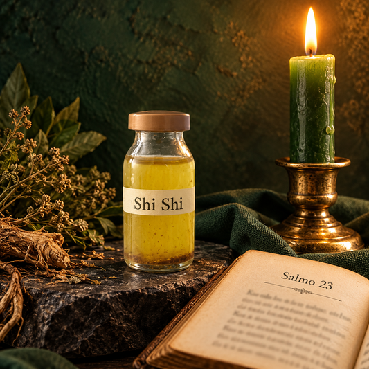 Óleo Hoodoo Shi Shi com rótulo, ervas e raízes, vela verde acesa e livro aberto no Salmo 23, sobre pedra escura.