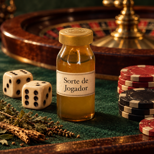 Óleo Hoodoo Sorte de Jogador com rótulo, dados, fichas e ervas sobre feltro verde, com roleta ao fundo.