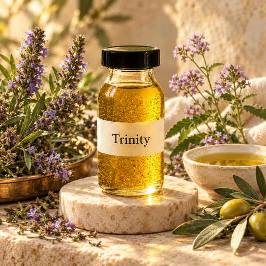 Óleo Trinity com rótulo sobre pedra clara, acompanhado de hissopo, verbena, azeite de oliva e ramo de oliveira.