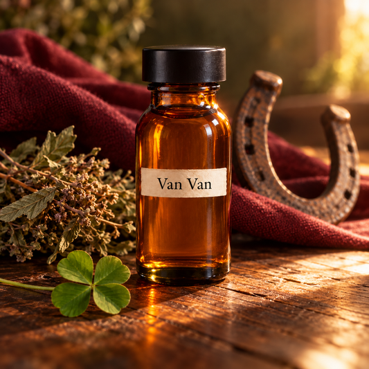 Óleo Van Van Shelby Yamada em frasco âmbar com rótulo discreto, ervas, ferradura e trevo de quatro folhas sobre madeira, com tecido vinho e luz dourada.