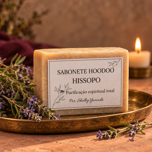 Sabonete Hoodoo de Hisopo em bandeja de latão, com ervas e flores violetas e vela ao fundo.