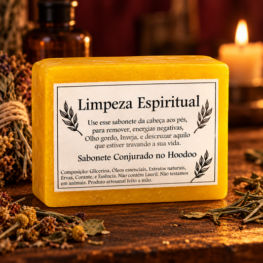 Sabonete Hoodoo Limpeza Espiritual amarelo, com ervas secas e vela ao fundo.