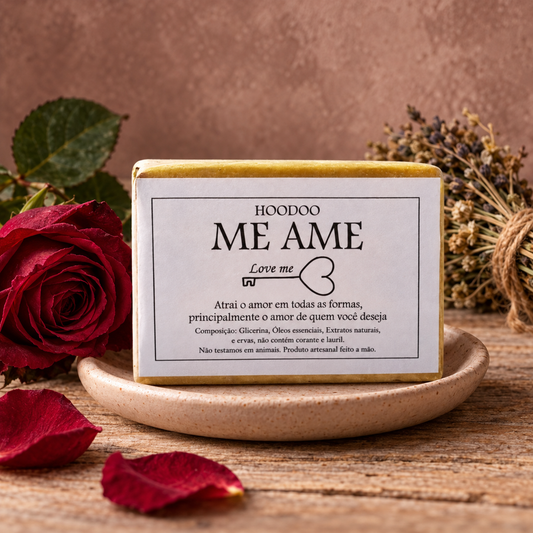 Sabonete Hoodoo Love Me — Me Ame em prato de cerâmica, com rosa vinho, pétalas e ervas secas.